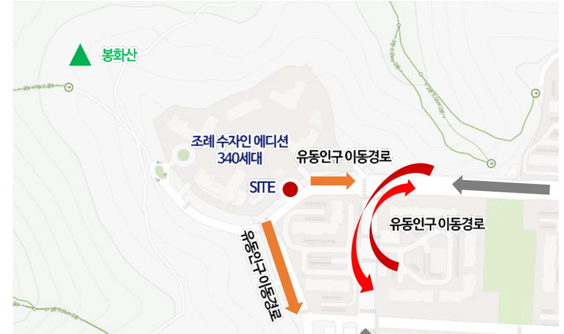 사업지 위치 및 유동인구 이동경로 — 봉화산 인근 조례 수자인 에디션 340세대