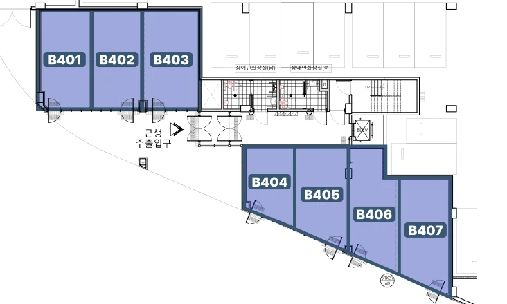 B4층(외부 기준 1층) 호실 배치도 — B401호~B407호, 근생 주출입구